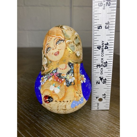 RUSSIAN ROLY POLY WOODEN‎ DOLL NEVALYASHKA Blue Cat Bell Music Ladybug Handpaint - Picture 9 of 9